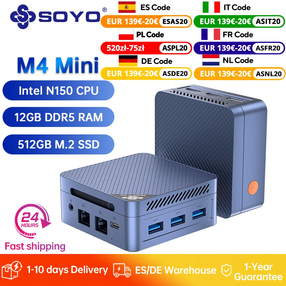Mini PC SOYO con CPU Intel N150, 12GB de RAM DDR5, SSD M.2 de 512GB, Computadora de Escritorio 4K con Doble HDMI/USB3.2/WiFi 5/BT5.0 para Oficina y Negocios