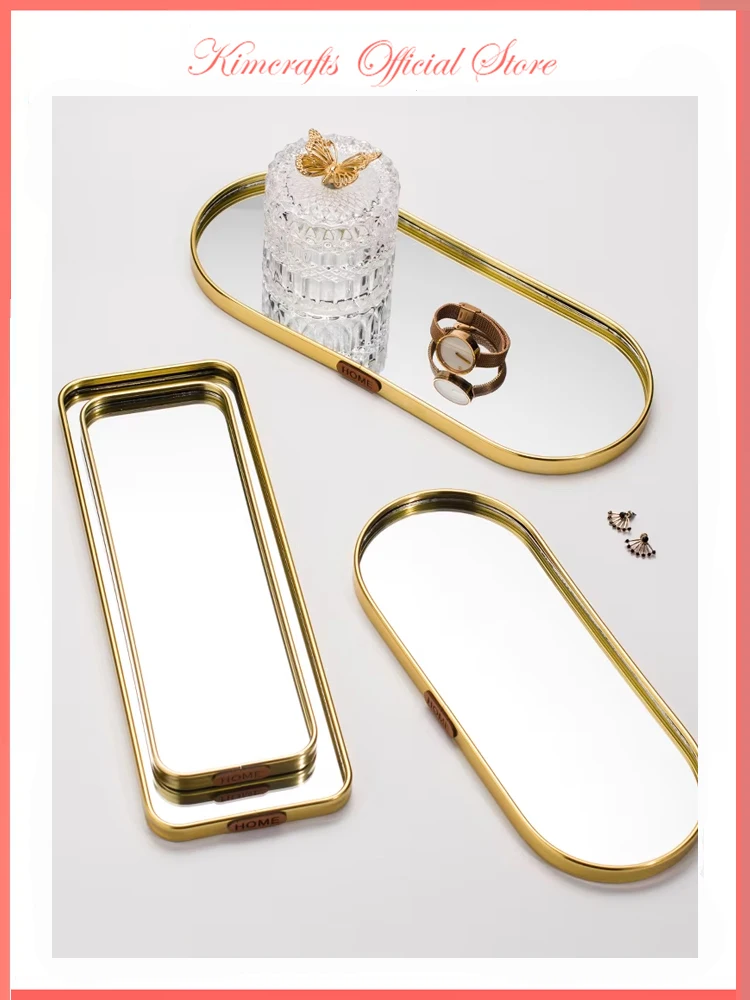 

Nordic Bathroom Desktop Organizer Metal Pallet Glass Jewelry Dish Mirror Tray Trinket Ring Holder Lipstick Holder Perfume Tray