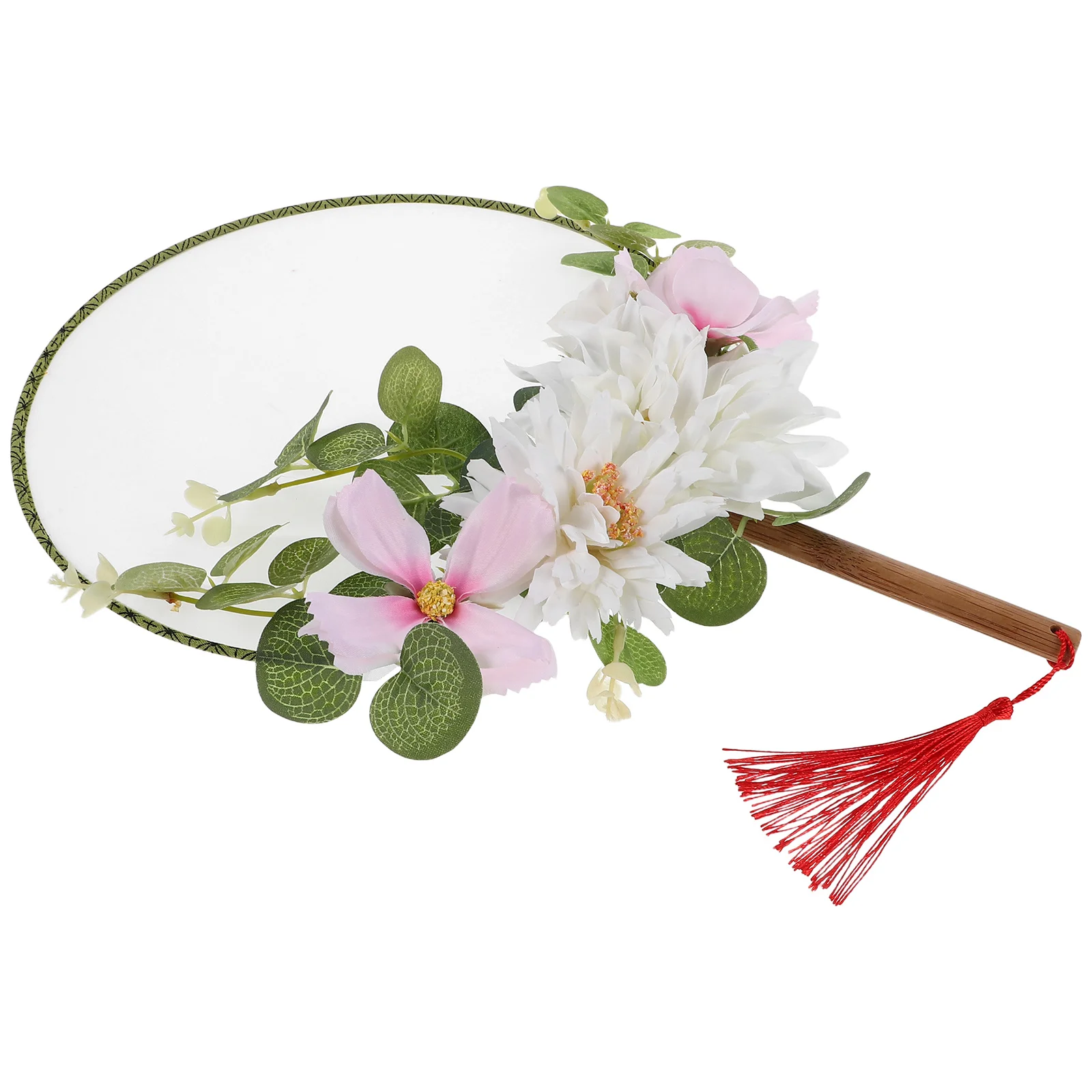 

Chinese Round Fan 3D Flower Decor Traditional Handheld Elegant Tea Party Dance Prop Cloth Art Vintage Style Events