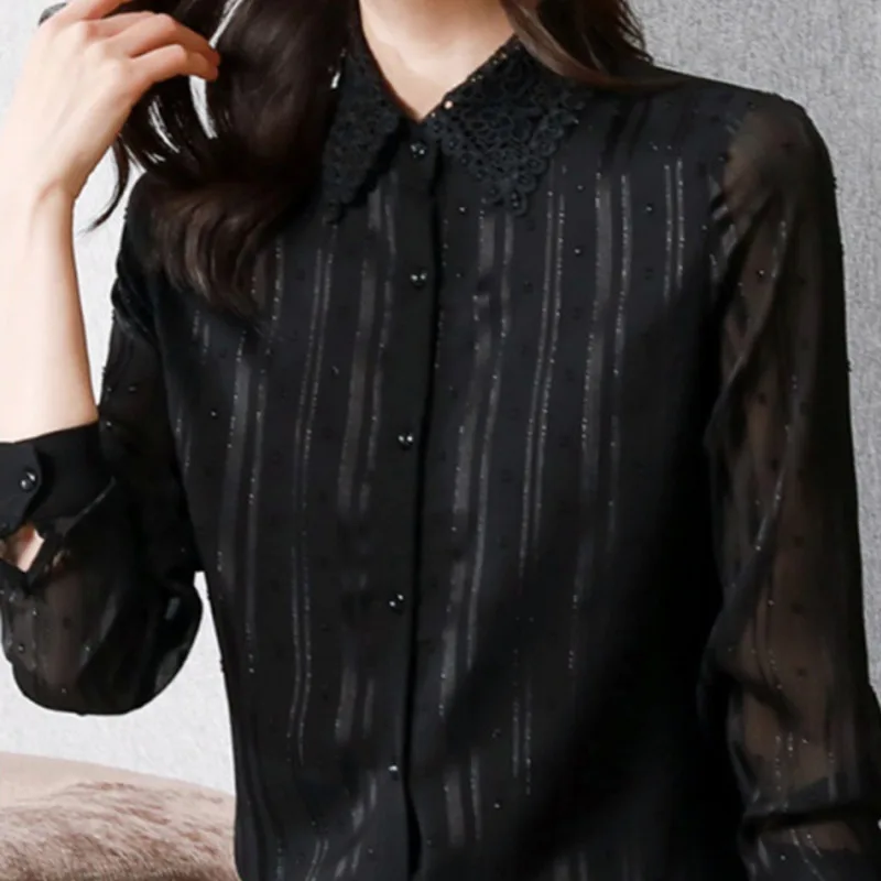 #2511 Black Shirt Woman Embroidery Polo-neck Transparent Long Sleeve Women\'s Shirt Lady Shirt Print Bright Silk Vertical Striped