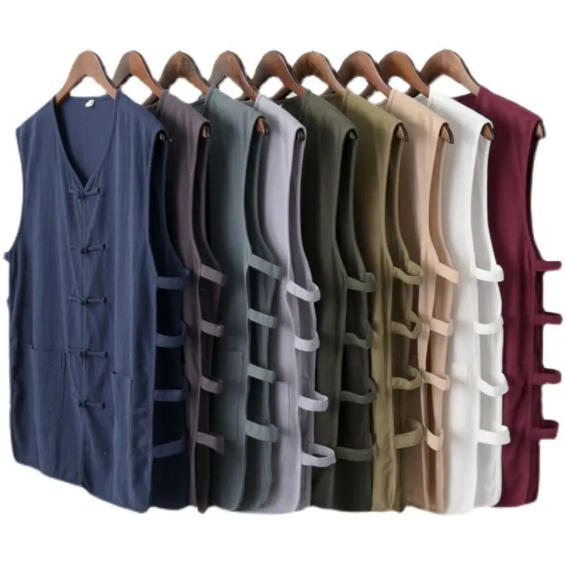 Men's Casual Linen Vest Cotton Linen Sleeveless Top Vintage Buttoned Chinese Style Gown Dry Sweat Absorbent Summer Wear