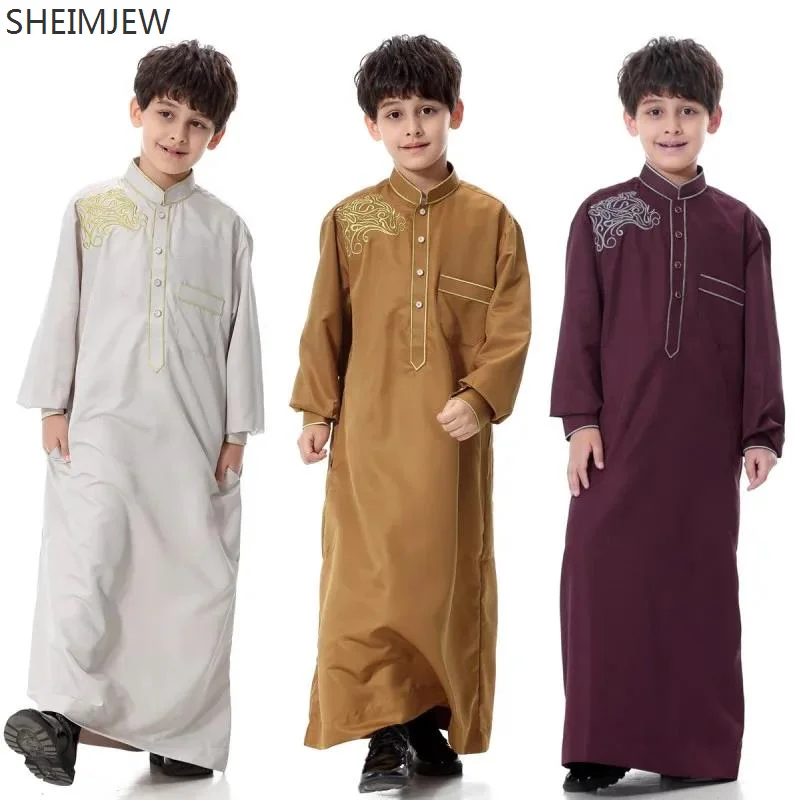 

New Kids Muslim Dress Long Sleeve Solid Color Ramadan Eid Teen Boy Robe Middle Eastern Dubai Turkey Children Clothing