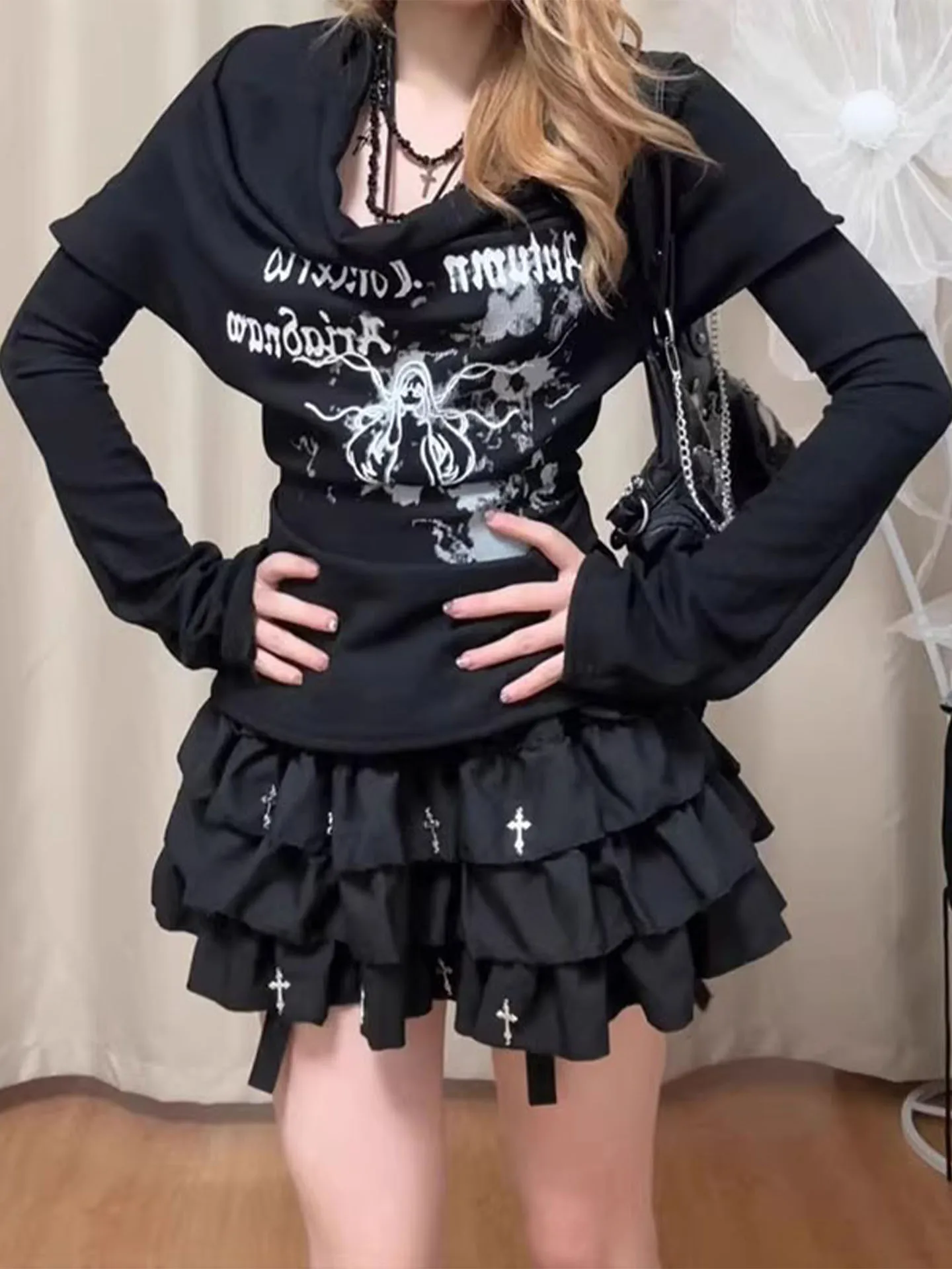 Black Punk Style  Skirt Women's Summer Spicy Gothic Dark Series Puffy Short Skirt Pleated Skirt Pants High Waist Cake Ski...