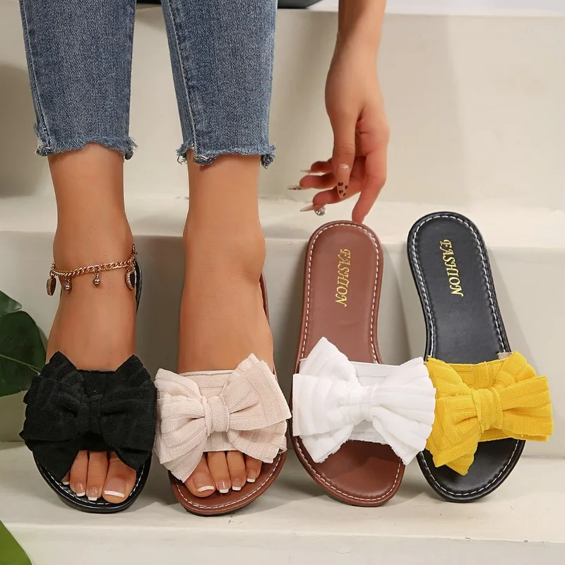 

Women's Slippers 2025Summer New Fashion Bow Outdoor Wearing Solid Color Fish Bath Shoes Casual Large Size Comfortable Flip Flops