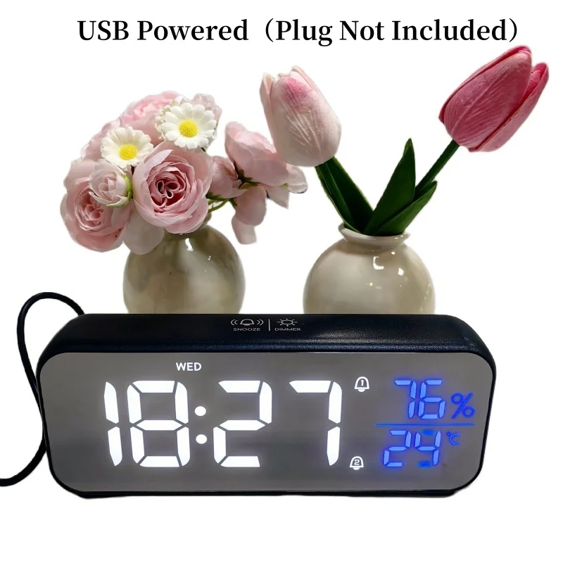 USB Powered Music Digital Alarm Clock TEMP Humidity Touch Snooze Brightness Night Mode 2 Alarms 12/24H DST Output Port LED Clock