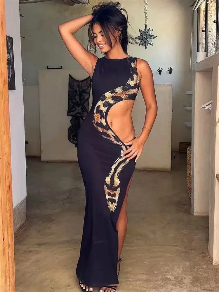 

Women Summer Hot Snake Print Sexy Slim High Slit Long Dresses Hollow Out Sleeveless Sexy Party Dress Club Lady Date Dinner Dress