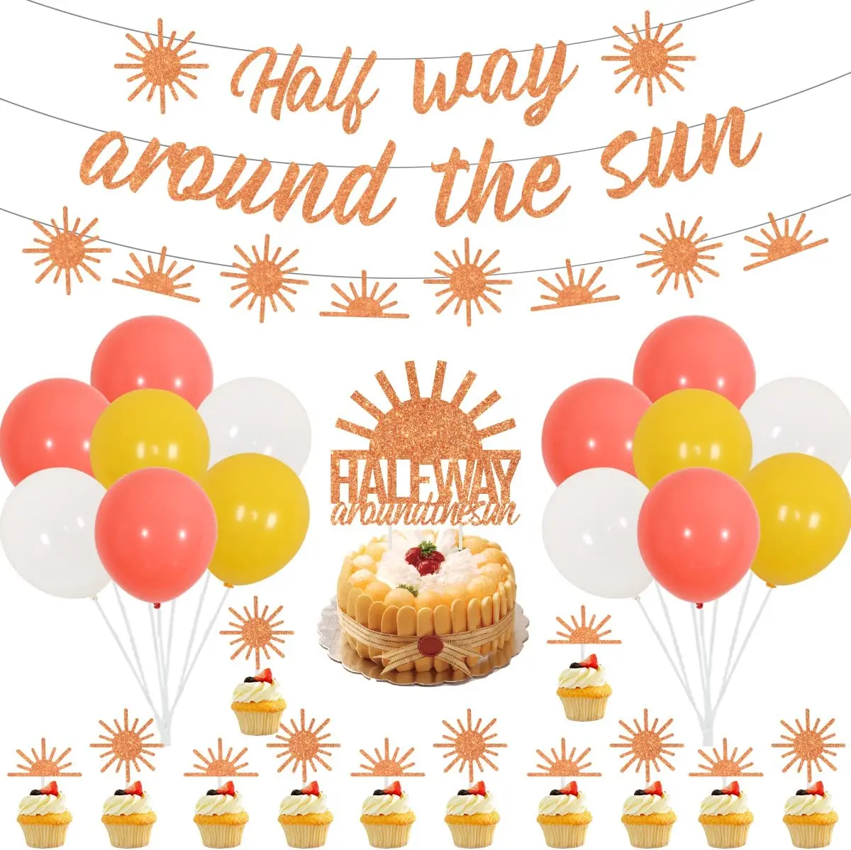 Boho Half Birthday Party Decorations Orange Half Way Around The Sun Banner Garland Cake Topper 6 Months 1/2  Birthday Supplies