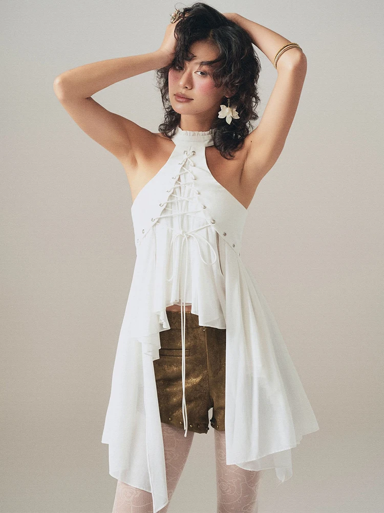 

Insglas Patchwork Temperament Irregular Hem Vest Women o-Neck Lace Bandage Holes Ruffles Sleeveless Summer Fashion Long Tops