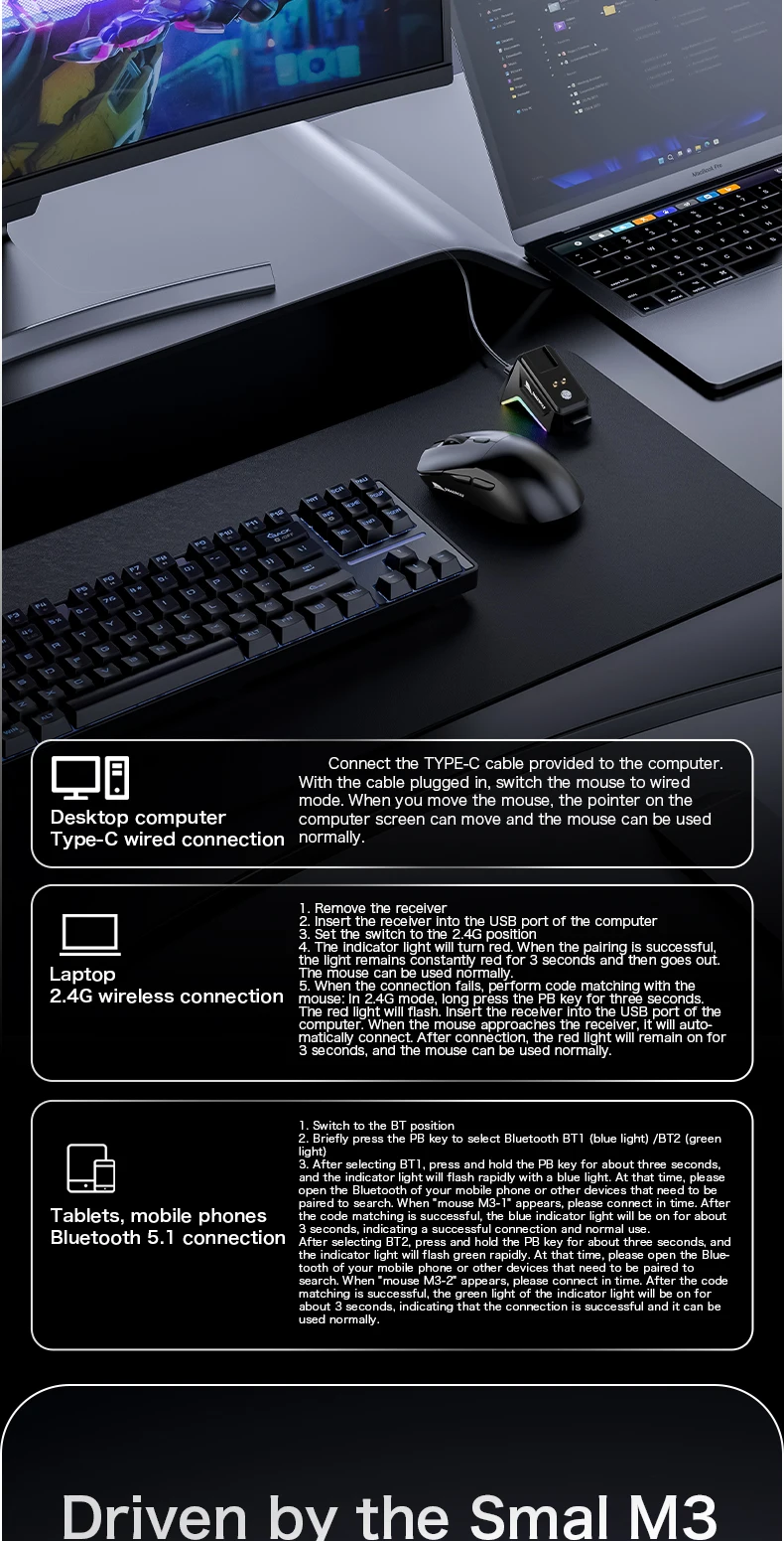SMAILWOLF M3 PRO Kabellose Bluetooth-Maus mit drei Modi, E-Sport-Gaming-Maus für Laptop und Desktop, PAW3311, kabelgebunden, leicht, für FPS-Spiele – Detail 9