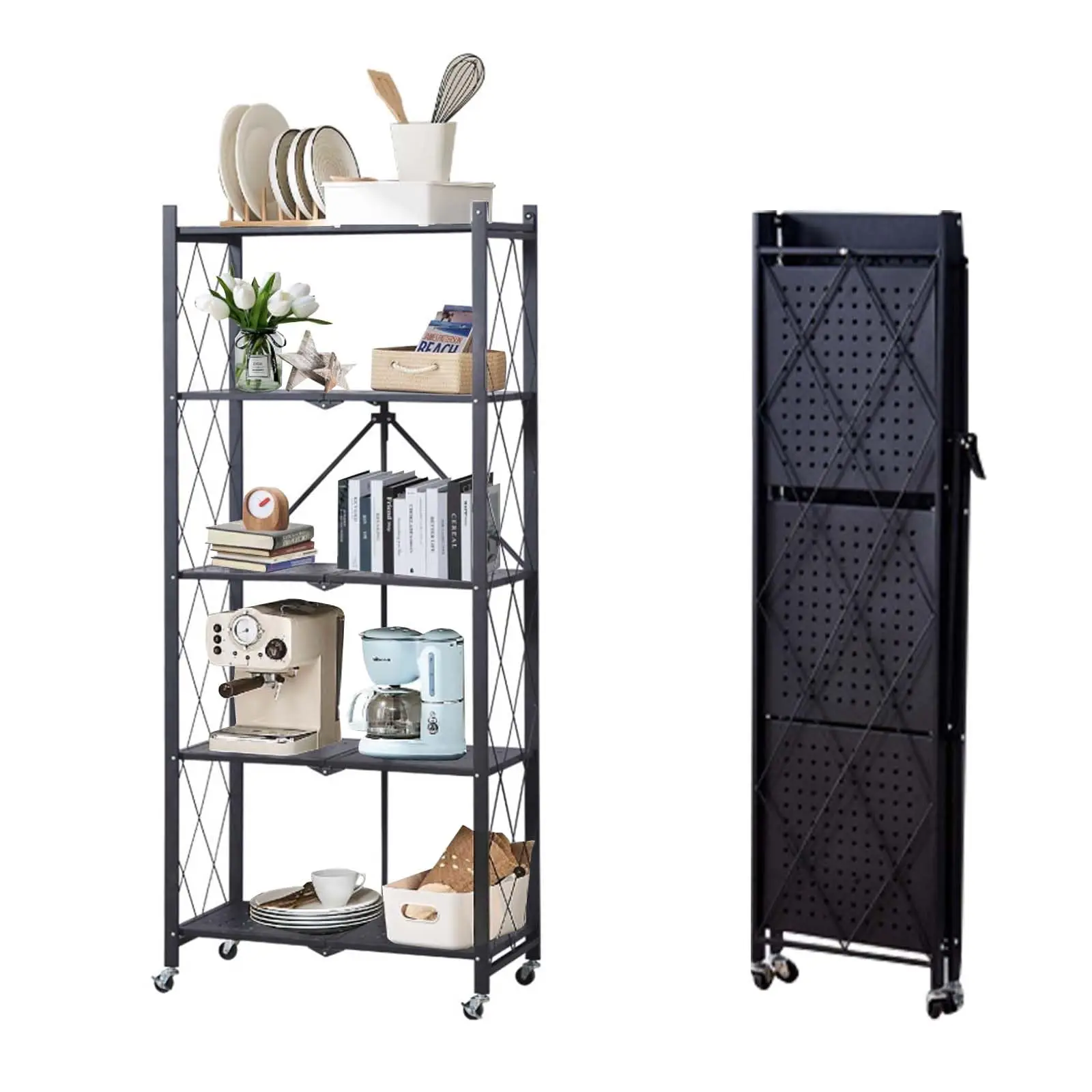 5-stöckiges Faltbares Aufbewahrungsregal mit Rollen, Küchenregale zur Aufbewahrung von Büchern, Küchenutensilien und Sammlungen, Faltbare Metallregale für Arbeitszimmer, Küche, Speisekammer, Balkon