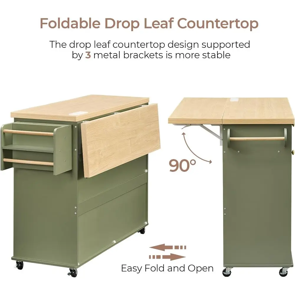 Green Rolling Kitchen Island with Storage, Trash Bin, Drop Leaf, Power Outlet, Spice Rack, Towel Bar, and Knife Holder - view 4