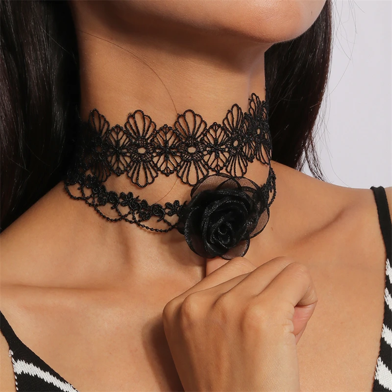 Koreanischer Stil, schwarze Spitze, Blumen-Halskette für Frauen und Mädchen, Party, Festival, Schmuck, Geschenke – Detail 1