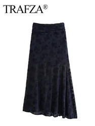 TRAFZA Elegant Woman Texture Street Style Skirt Women High Waist Flocking Asymmetrical Fold Decorate Chic Slim Long Skirt Mujer