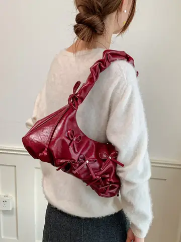 Chic Korean Style Pleated Bow Shoulder Bag 2026 Women's Autumn Winter Vintage Oil Wax Leather Underarm Bags Fashionable Handbags
