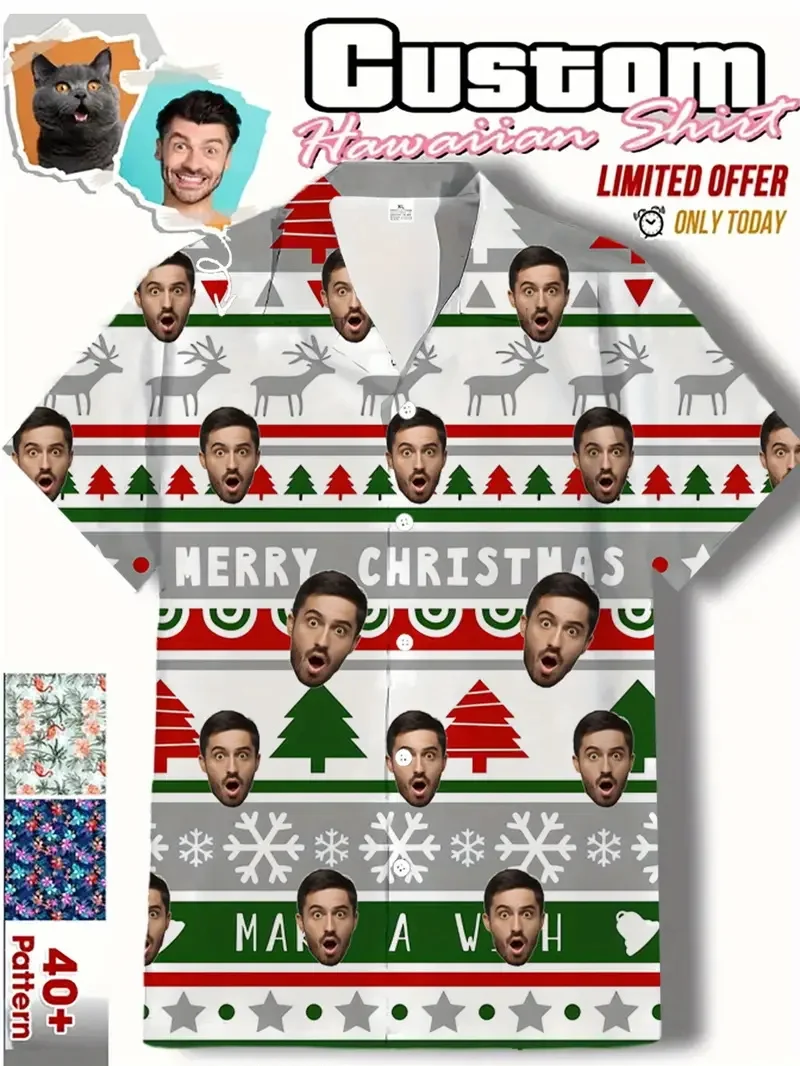 

Custom Photo Merry Christmas Beach Shirts Tops Men's Short Sleeve Button Hawaiian Shirt Personalized Funny Aloha Shirts