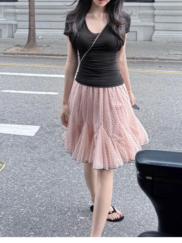 Polka Dot Mesh A-Line  Skirt Women's Full Body Slim Fit Fluffy Skirt Pink Polka Dot Gauze Skirt Commute Korean Style