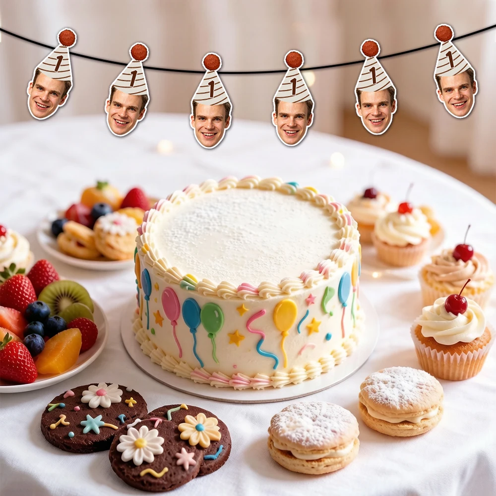 8-teiliges Set Personalisierte Gesichts-Partyhüte, Geburtstagsbanner, Individuelle Foto-Nummern-Wimpelkette für Geburtstagsfeier-Zubehör