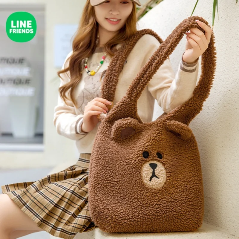 

LINE FRIENDS новая зимняя коричневая плюшевая сумка через плечо в стиле аниме для девочек с героями мультфильмов, большая вместительная повседневная ручная сумка для хранения, подарок