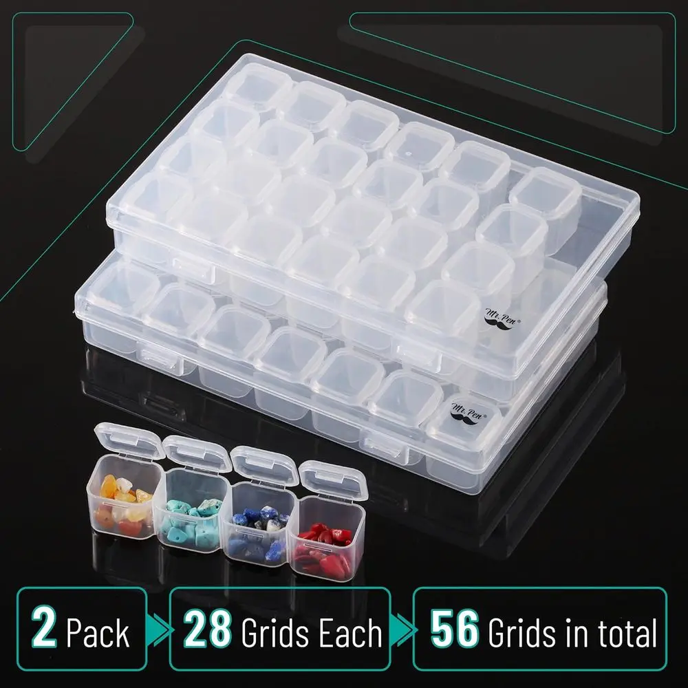 Bead Storage Containers, 28 Grids, 2 Pack, Clear White | 160pcs Label Stickers, Transparent, Small Bead Organizer Box, Diamond A