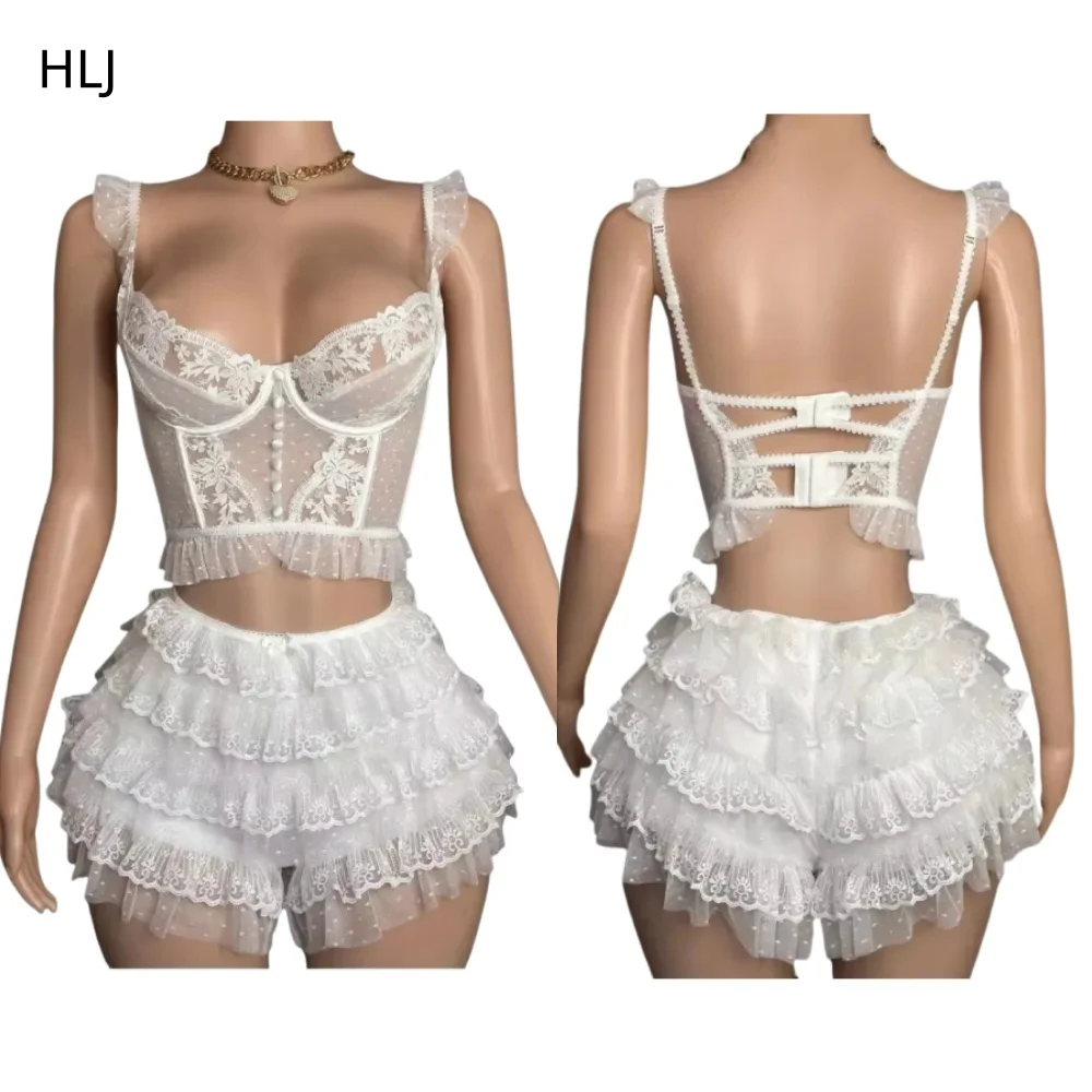 

HLJ Lace Sexy Embroidery Sheer Two Piece Sets for Women Thin Strap Tank Top and Ruffle Mini Skirts Shorts Outfits Party Clubwear