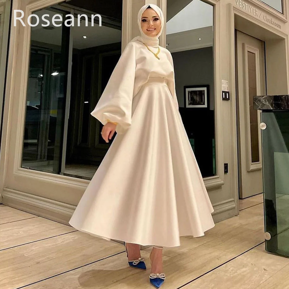 Muslim Simple High Collar Ivory A-line Wedding Dresses Full Vertically Draped Pleat Satin Bride Gown Anke Length robe de mariée