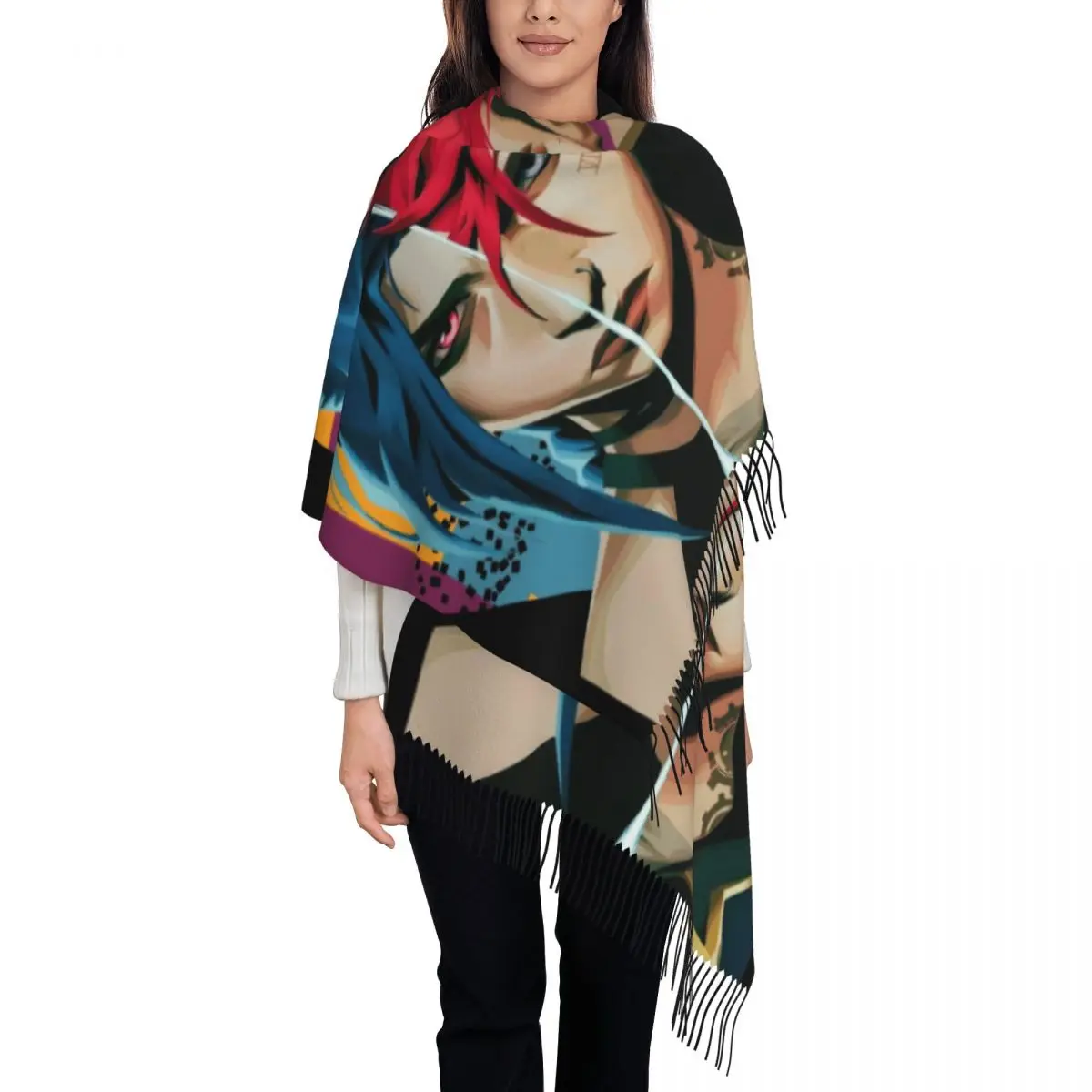 

Пользовательский горячий аниме Виктор Цзинькс Arcane шарф женский длинный зимний осенний теплый шаль с кисточками шарфы унисекс