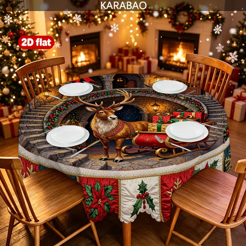 1 Christmas-themed round lace tablecloth, reindeer sleigh castle pattern