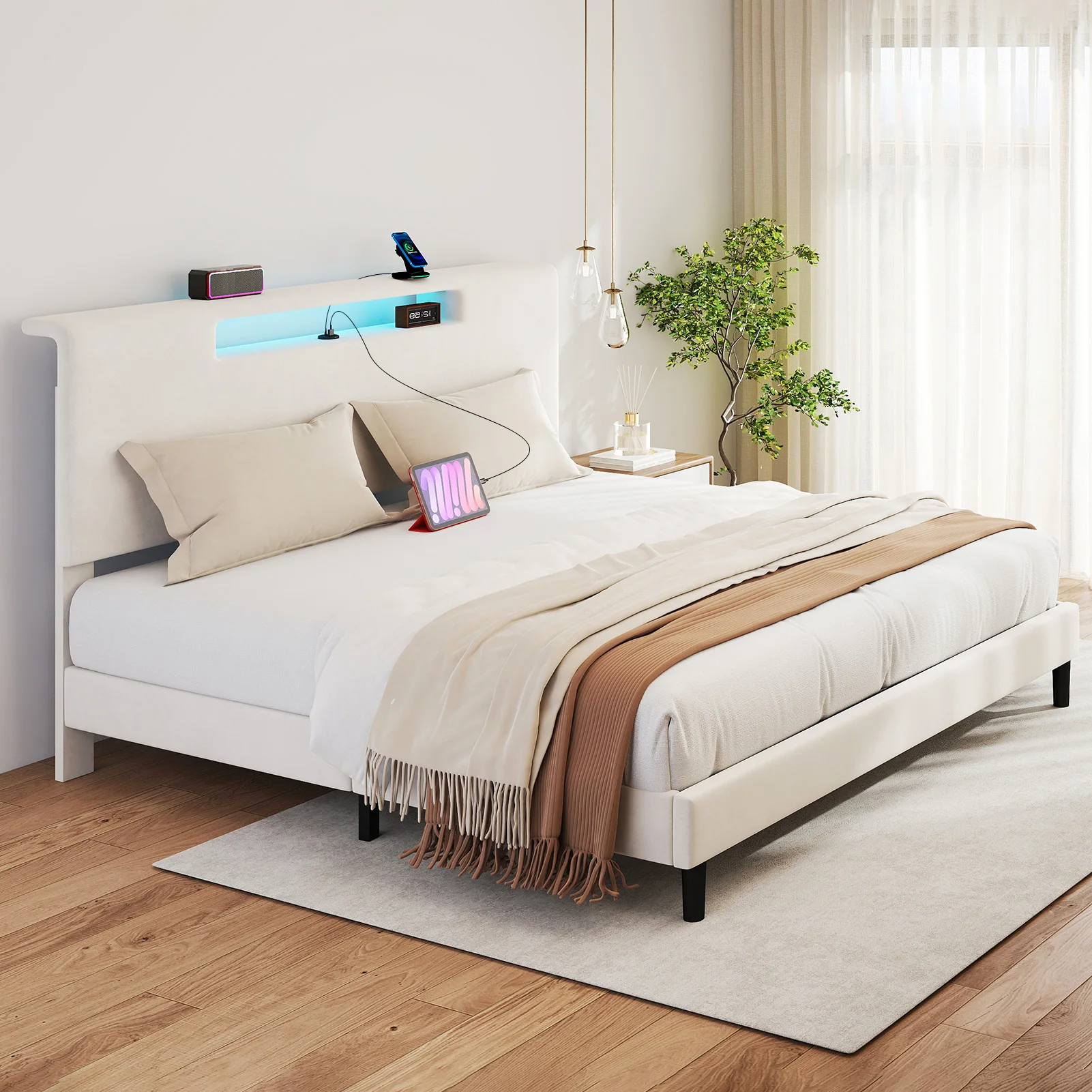 3 Size Upholstered Bed Frame w High Headboard Adjustable LED Lights Charging Port Wood Slat Support Platform Bed Frame Noiseless - view 2