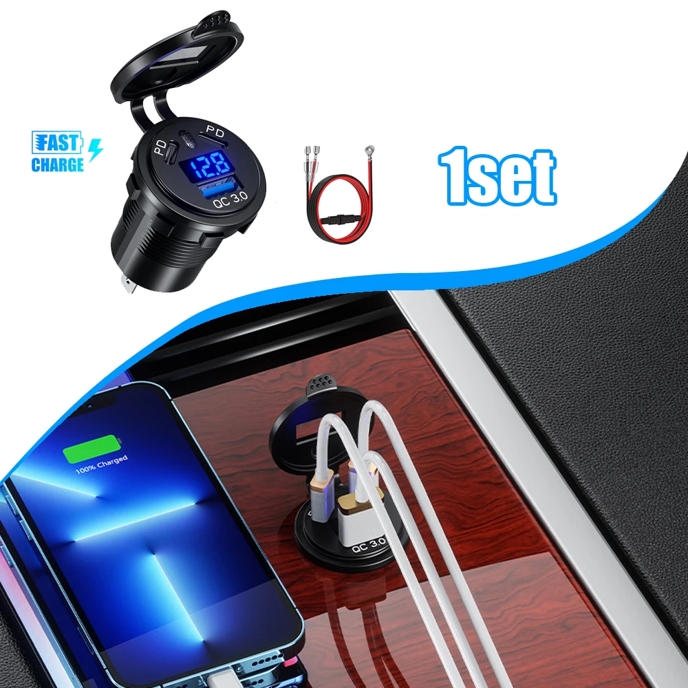 

1pc Car PD USB Three Port Charger Universal Car Digital Display Charger Black Car Multifunctional Quick Charger Auto Accessories