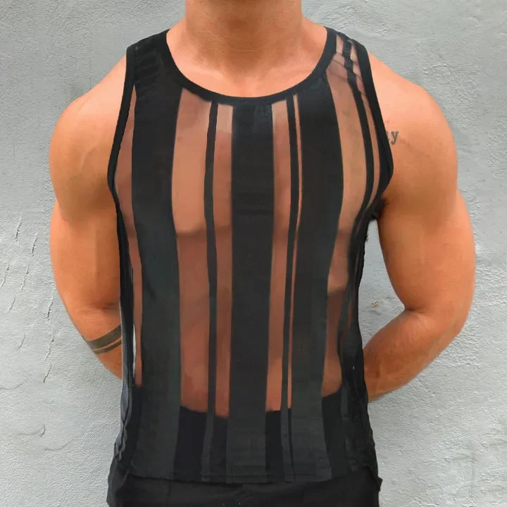 

2024 Summer Mens Streetwear Tank Tops Sexy Transparent Hollow Out Mesh Tank Tops Men Stylish Slim Fit Sleeveless Crew Neck Vest