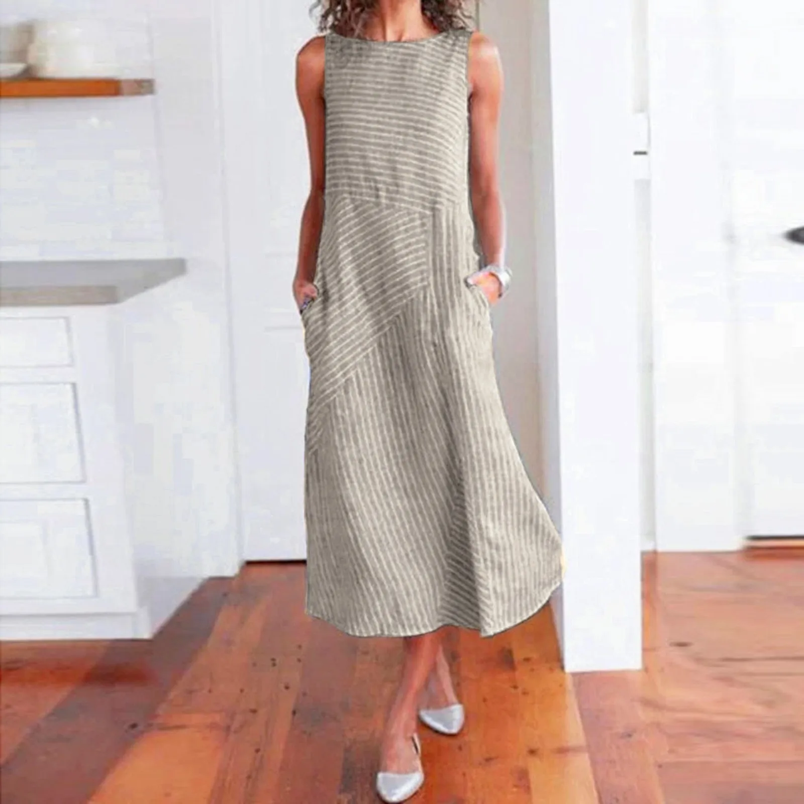 Women Casual Striped Print Midi Dress Linen Sleeveless Pocket Dress Mid-Calf Round Neck Casual Daily Summer Sundress Vestidos