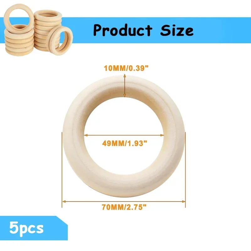 5pcs 70mm Wood Rings, Unfinished Blank Wooden Macrame Ring Circles for DIY Craft, Pendant Connector Painting