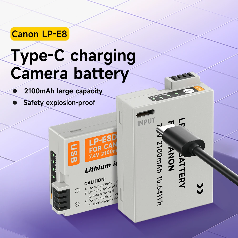 2100mAh LP-E8 LP E8 LPE8 Type C, Rechargeable battery For Canon EOS 550D 600D 650D 700D Kiss X4 X5 X6i X7i Rebel T2i T3i T4i