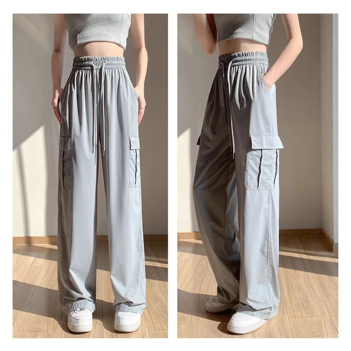 Women Long Pants Women Stright Long Wide Leg Pants Jogging Drawstring 2025 Casual Female Multiple Pockets Long Loose Casual