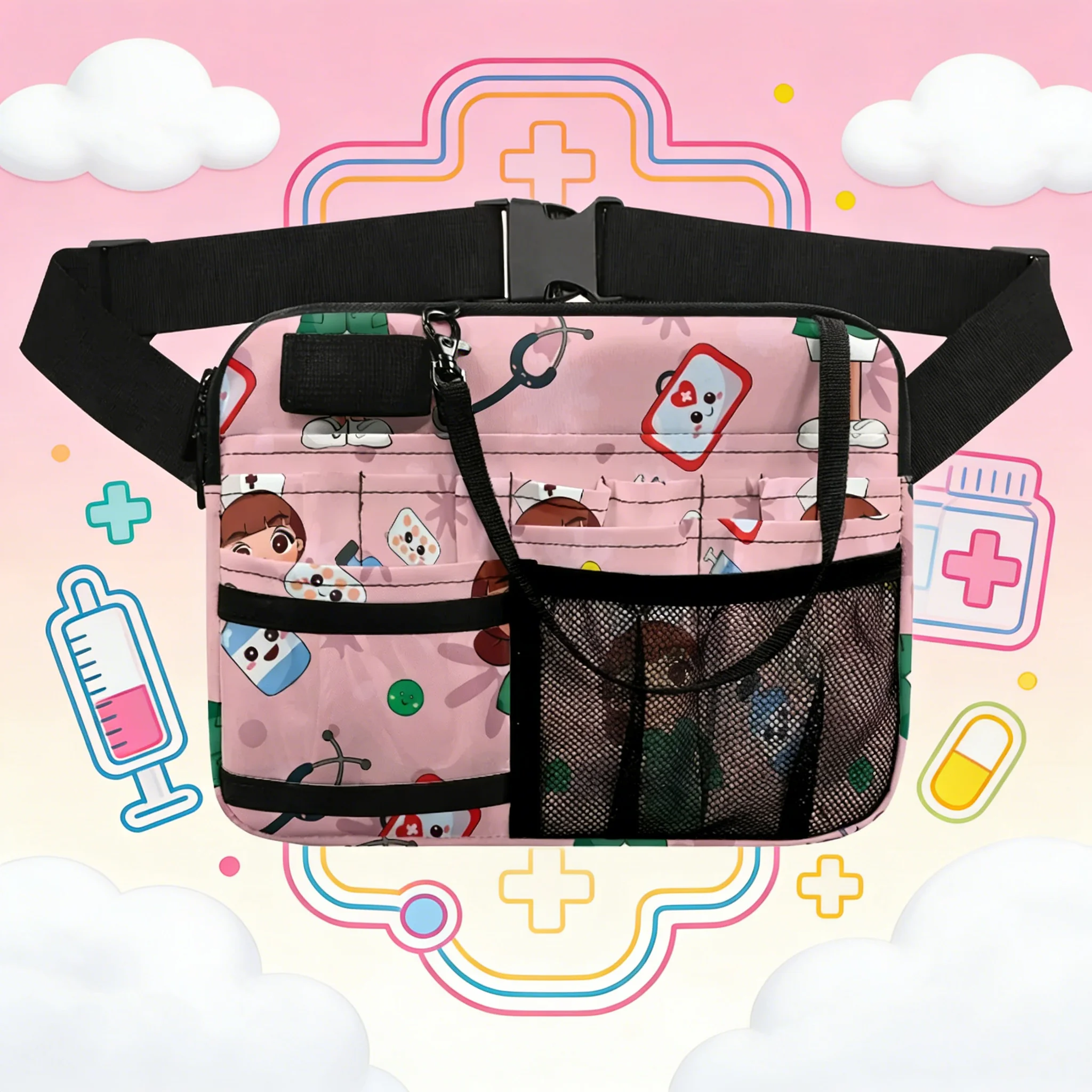 

Поясная сумка с мультяшным принтом медсестры, с держателем для стетоскопа, многофункциональный органайзер на пояс с несколькими карманами для женщин, работающих в больнице