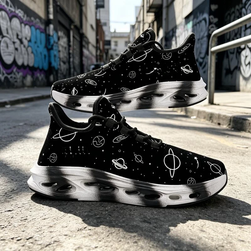 Ladies Men Sports Shoes Running Shoes Casual Shoes，Trendy black and white hand-drawn planet and starry sky print exudes a high-e