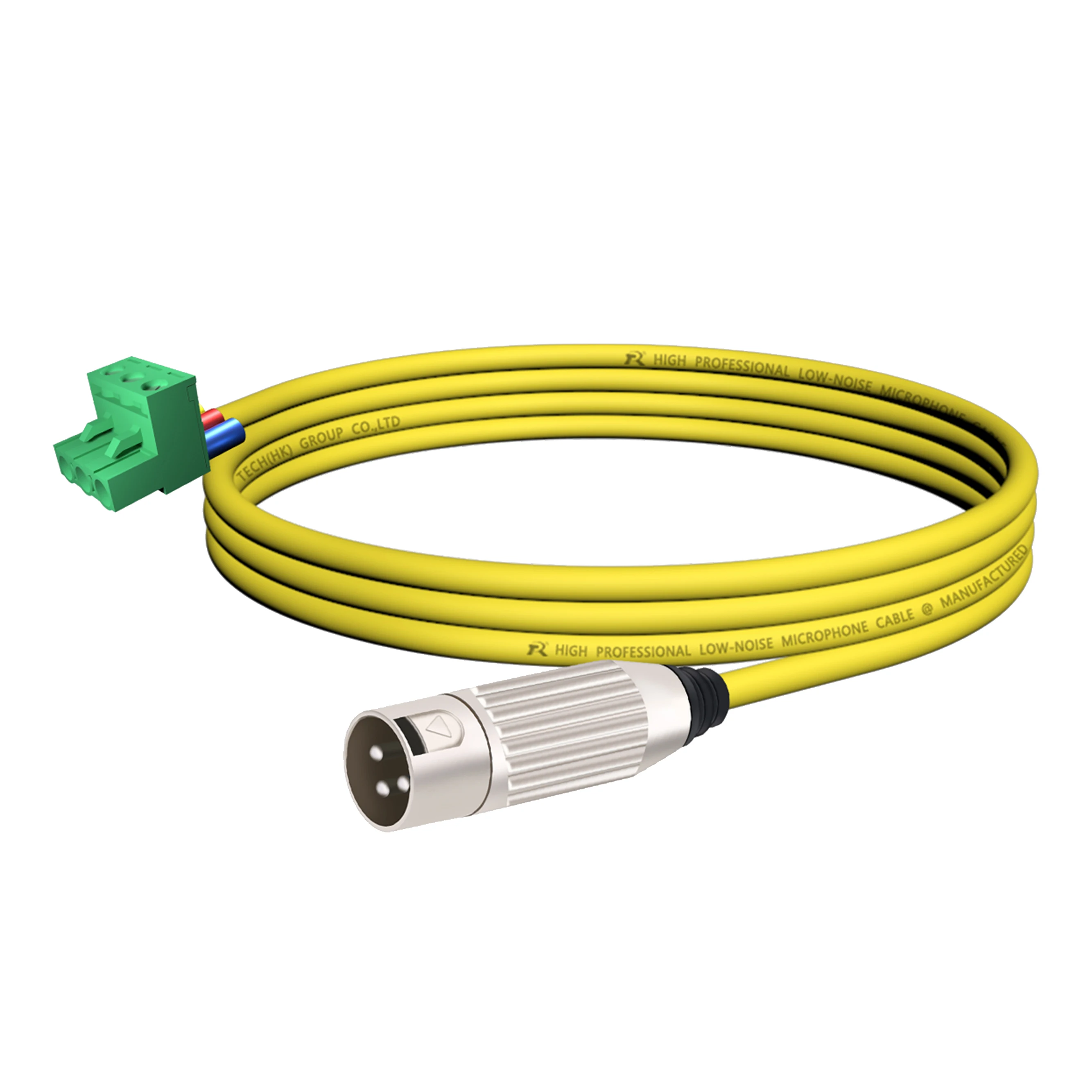 3-poliger Phoenix-Stecker, verbunden mit einem versilberten XLR 3-poligen Stecker, farbcodiertes Kabel, geeignet für professionelle Audiogeräte. – Detail 11
