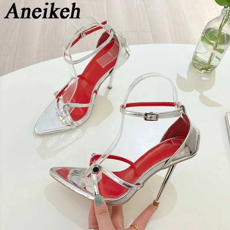 Aneikeh 2025 New Gold Silver Ankle Strap Sandals Heels Women Wedding Banquet Sexy Metal Pointed Toe Stripper Shoes Sandalias