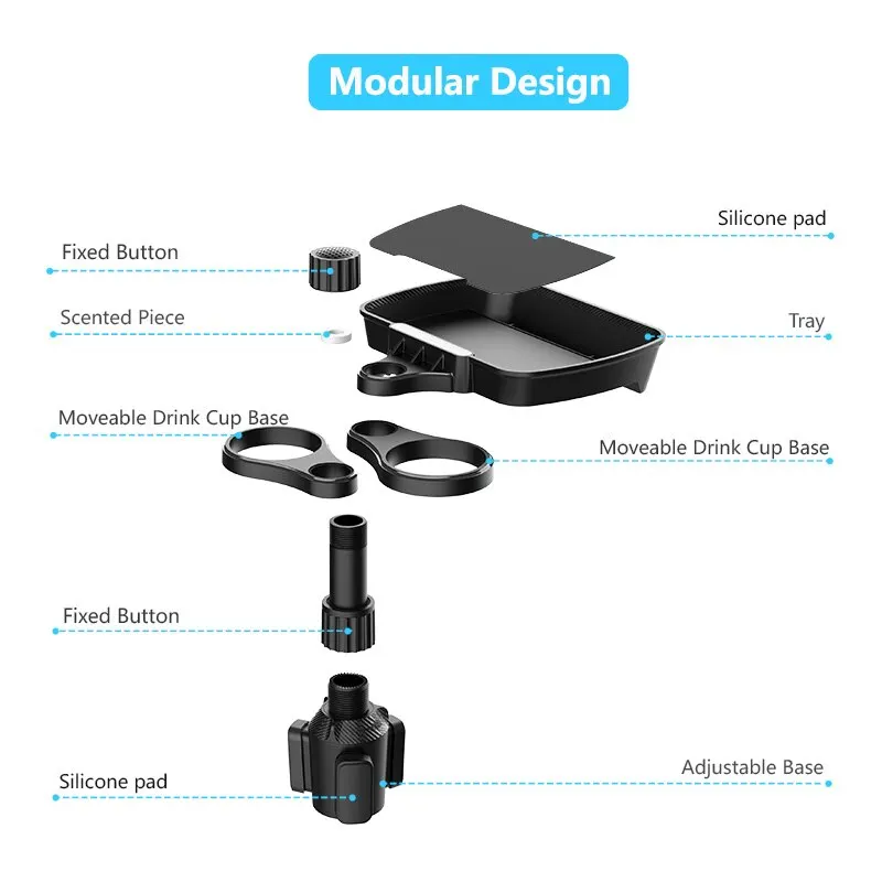 Dual Cup Holder Expander Adjustable for 360°Rotating Multifunctional Car Seat Cup Holder Snack Tray Drink Holder