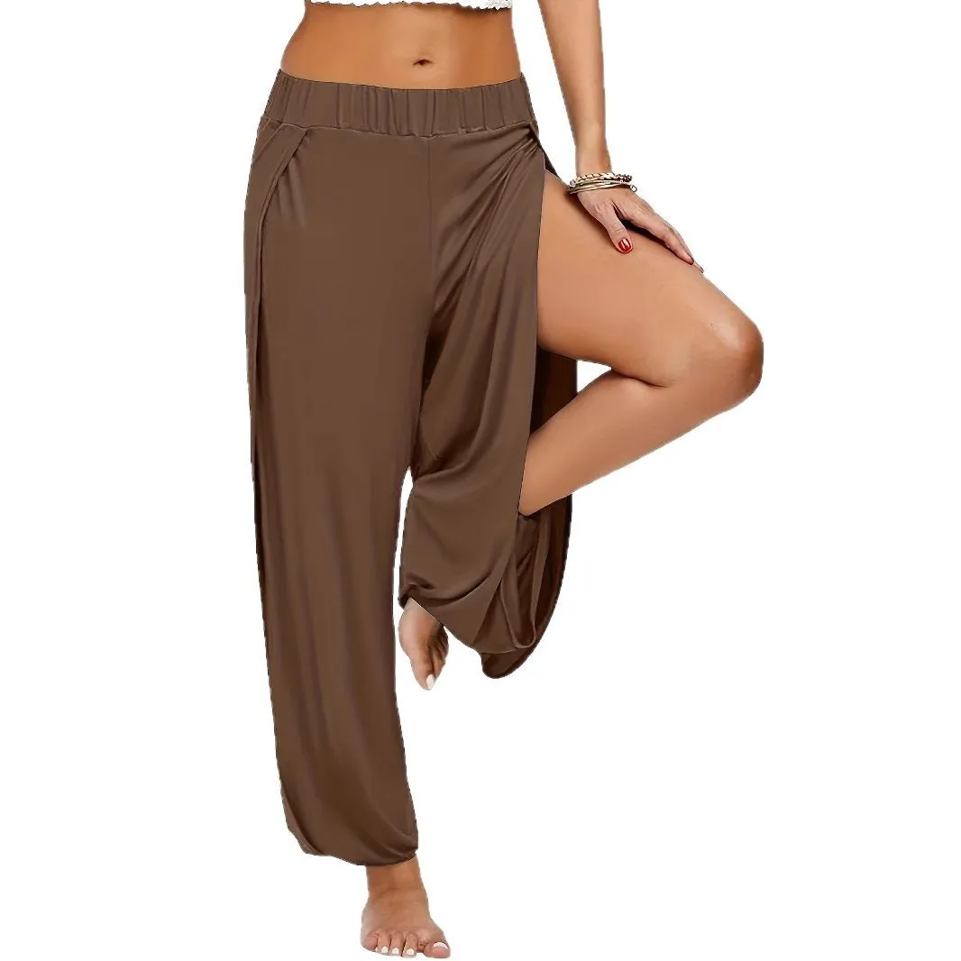 سراويل نسائية مفتوحة فضفاضة المنشعب عالية الانقسام السراويل النسائية عالية انقسام الهبي هارلان اليوغا سراويل طماق #4