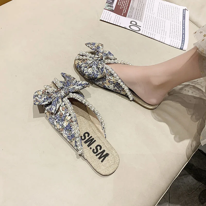 Women Slippers Summer 2022 New Fashion Flower Pearl Bow Sandales Femmes Sandalias Sweet Shoes Women Flat Slippers for Women