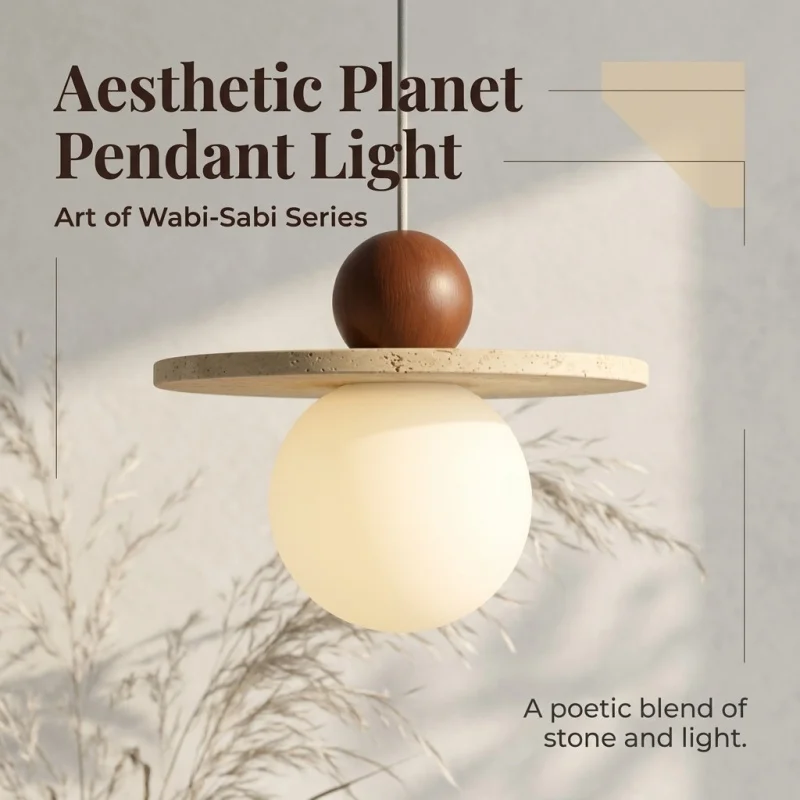

Wabi Sabi Pendant Light Modernt Ceiling Lamp with Wood Ball Stone Plate Opal Glass Shade LED Pendant Light Bedroom
