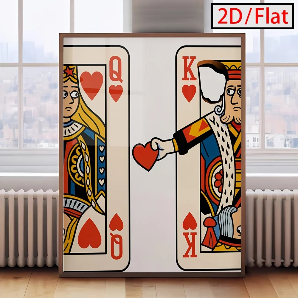 2D/Flat Abstract King & Queen Red Heart Canvas Wall Art Poster - Frameless Card Love Romantic Minimalist Printed Heart Poster