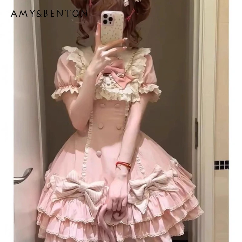 

French Striped Melaleuca Lolita Pink Women's Cake Dress Summer New Cute Sweet Princess Age Reduction Short Sleeve Dresses Ladies