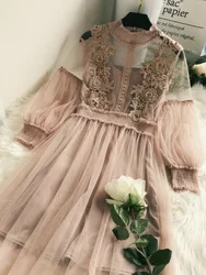 2023 New Women Party Lace Flower Dress Gauze Lantern Sleeve Voile Long Dress Female Retro Hook Princess Dress 2 Piece Set