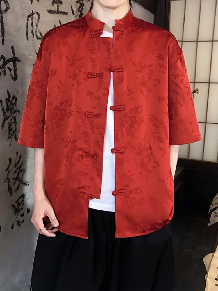 

New Chinese Sle Summer Thin Ice Silk ort Sve irt Men's Faionable Mid-aged Men's Clothing Buttoned Hanfu irt