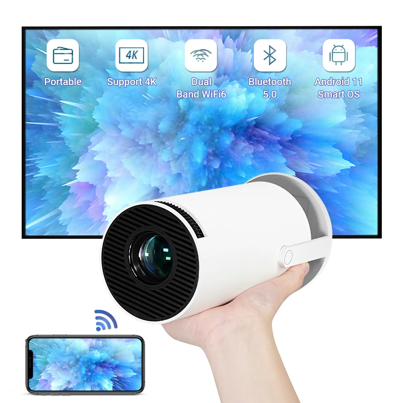 

2026New Projector Android 11 4K 1280*720P HY300 Dual Wifi 290ANSI 180 Flexible BT5.0 Cinema Outdoor Portable Projeto