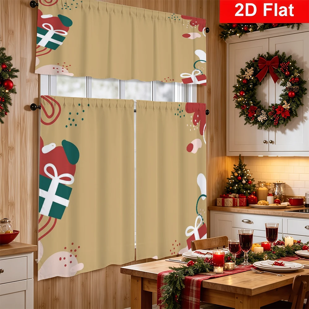 Christmas Kitchen Curtains, Gift Box Ribbon Blocks, Digital Print, Kitchen Dining Room, Rod Pocket Polyester, Home Decor