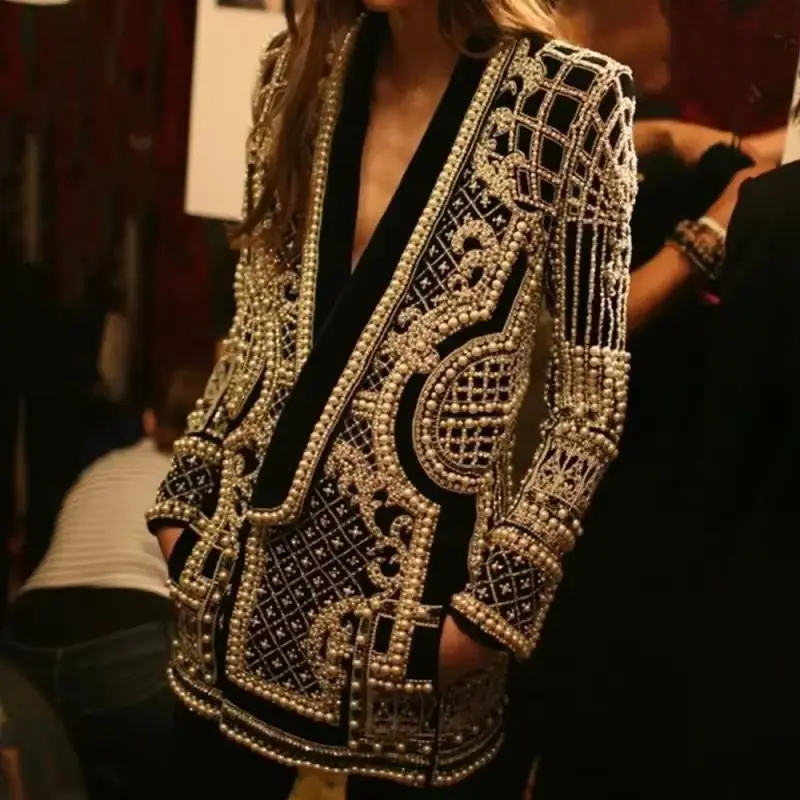 Cappotto Slim scollo a V a vita alta elegante abito da sera giacca abbigliamento da lavoro giacca da festa abito sexy cappotto di perle midi da donna