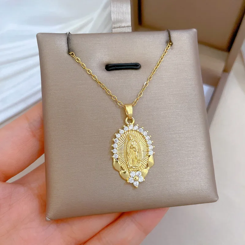Stainless Steel Chain Religious Virgin Mary Zircon Flower Pendant Necklaces for Women Men Accessories Jewelry Gifts